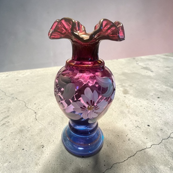 Fenton Other - Fenton Hand Painted Art Glass Vase-Cranberry and Cobalt Ruffled 8”-Signed